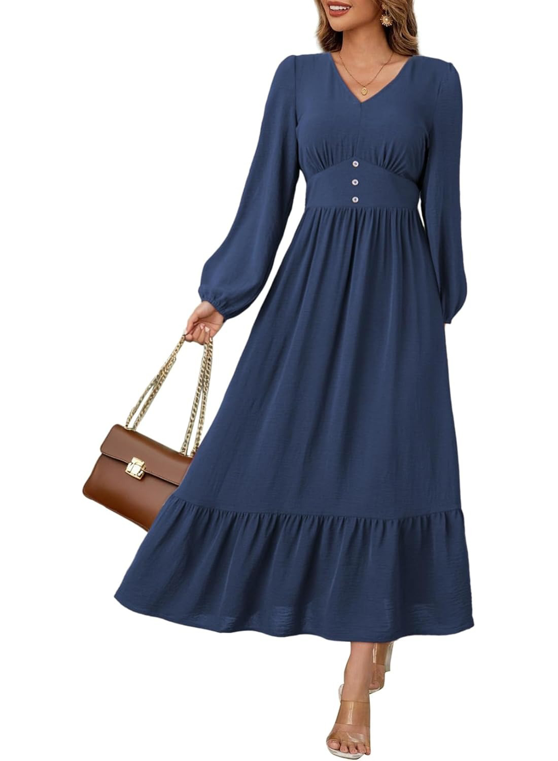 Women's Casual V Neck Long Sleeve Button High Waist Flowy Maxi Dress