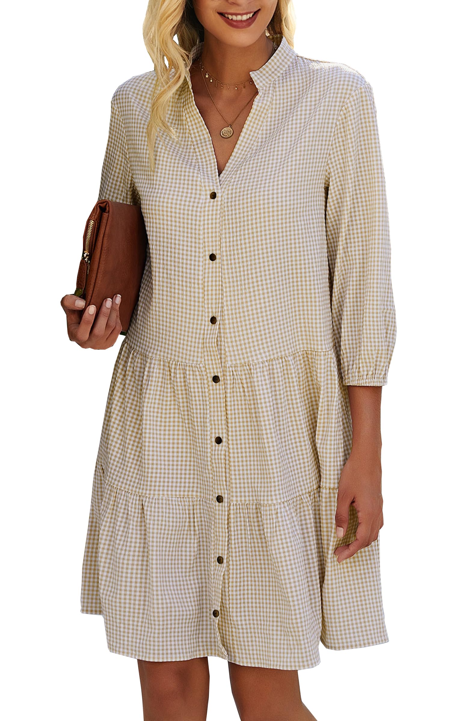 Women's Button Down 3/4 Sleeve Gingham Shirt Dress (Buy 2 Free Shipping)