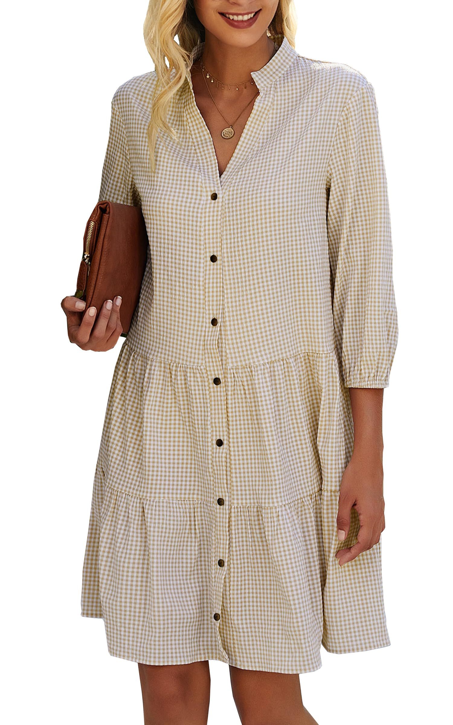 Women's Button Down 3/4 Sleeve Gingham Shirt Dress (Buy 2 Free Shipping)