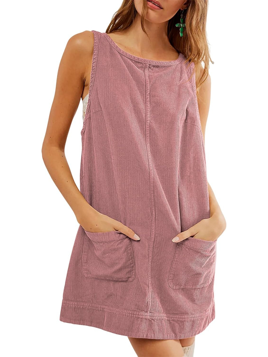 Women's Corduroy Round Neck A Line Overall Dress with Pockets