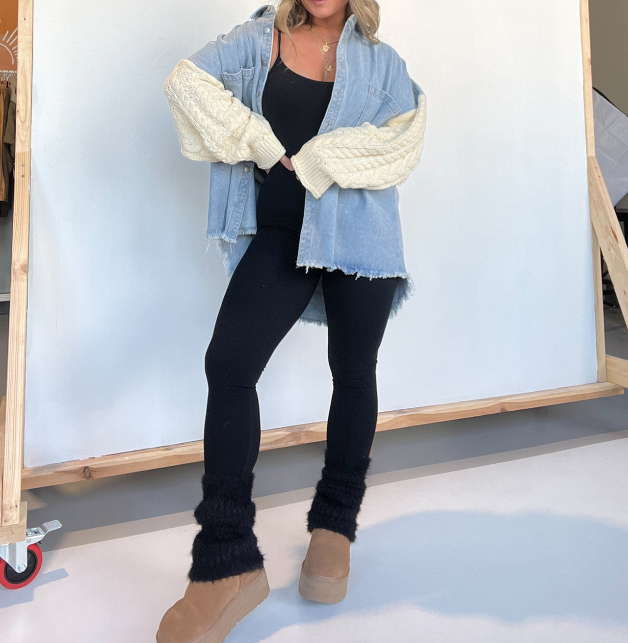 Cozy Sweater Sleeve Denim Shacket