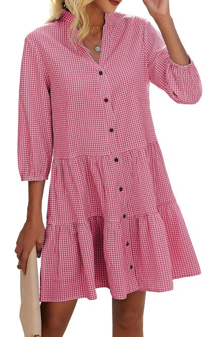 Women's Button Down 3/4 Sleeve Gingham Shirt Dress (Buy 2 Free Shipping)