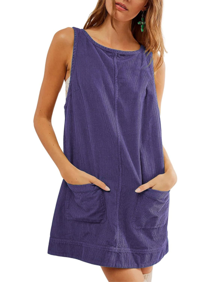 Women's Corduroy Round Neck A Line Overall Dress with Pockets