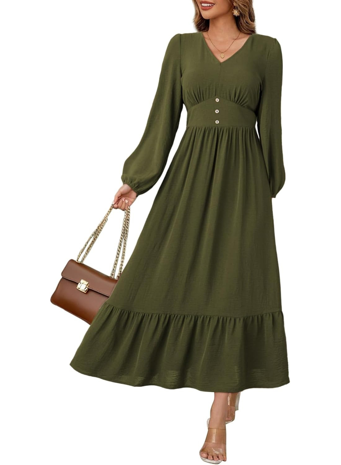 Women's Casual V Neck Long Sleeve Button High Waist Flowy Maxi Dress