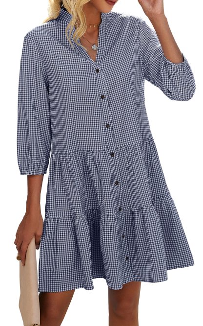 Women's Button Down 3/4 Sleeve Gingham Shirt Dress (Buy 2 Free Shipping)