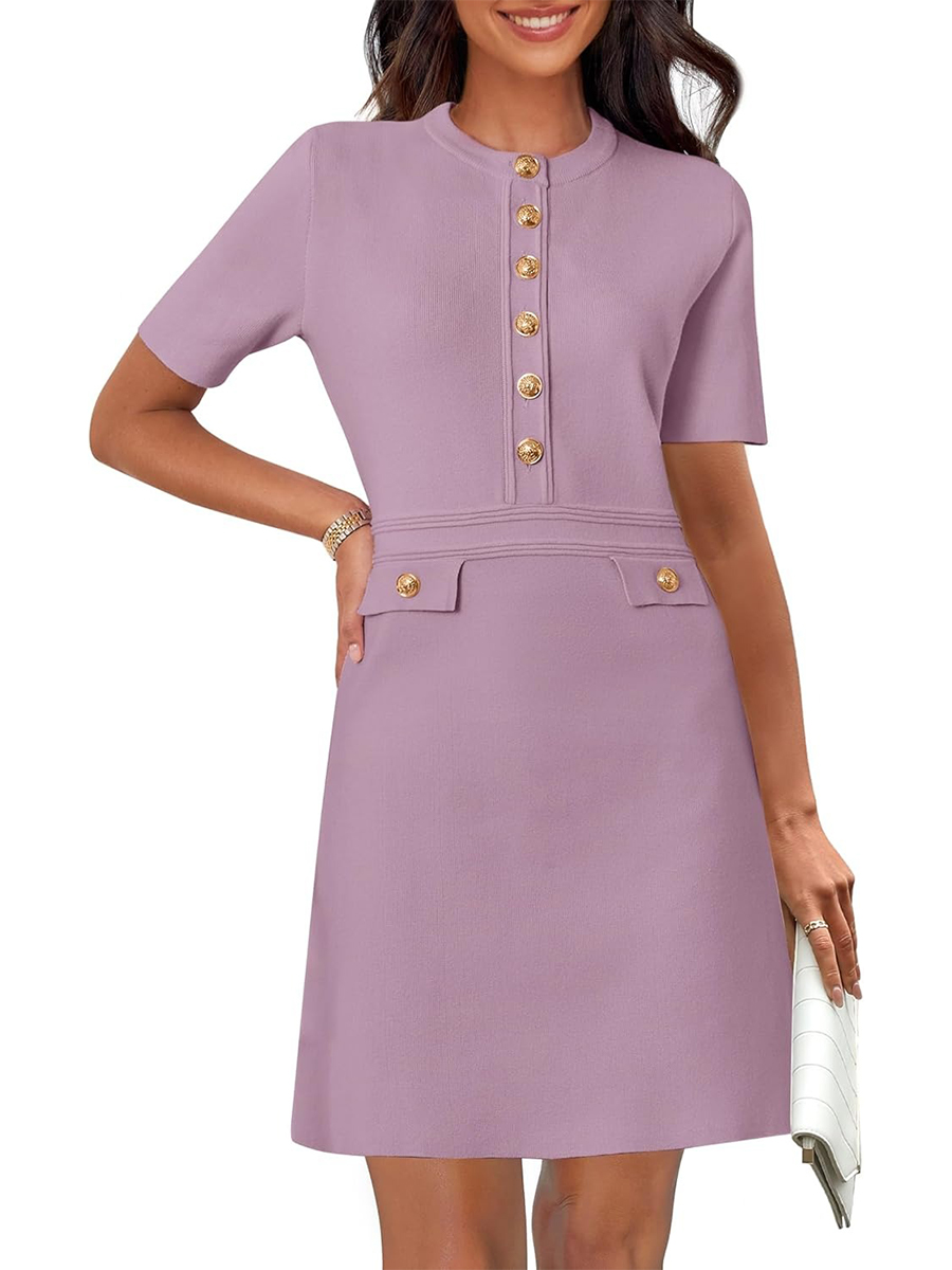 Women's Elegant Knit Button Short Sleeve Bodycon Mini Dress