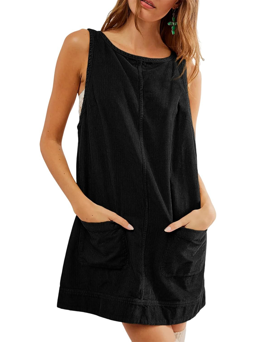 Women's Corduroy Round Neck A Line Overall Dress with Pockets