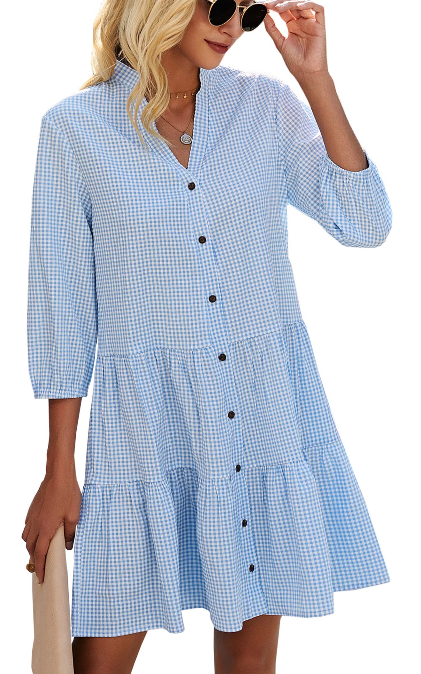Women's Button Down 3/4 Sleeve Gingham Shirt Dress (Buy 2 Free Shipping)