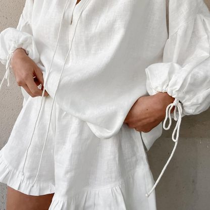 Women's Long Sleeve V Neck Tie Front Tops and Ruffled Boxer Shorts Lounge Sets