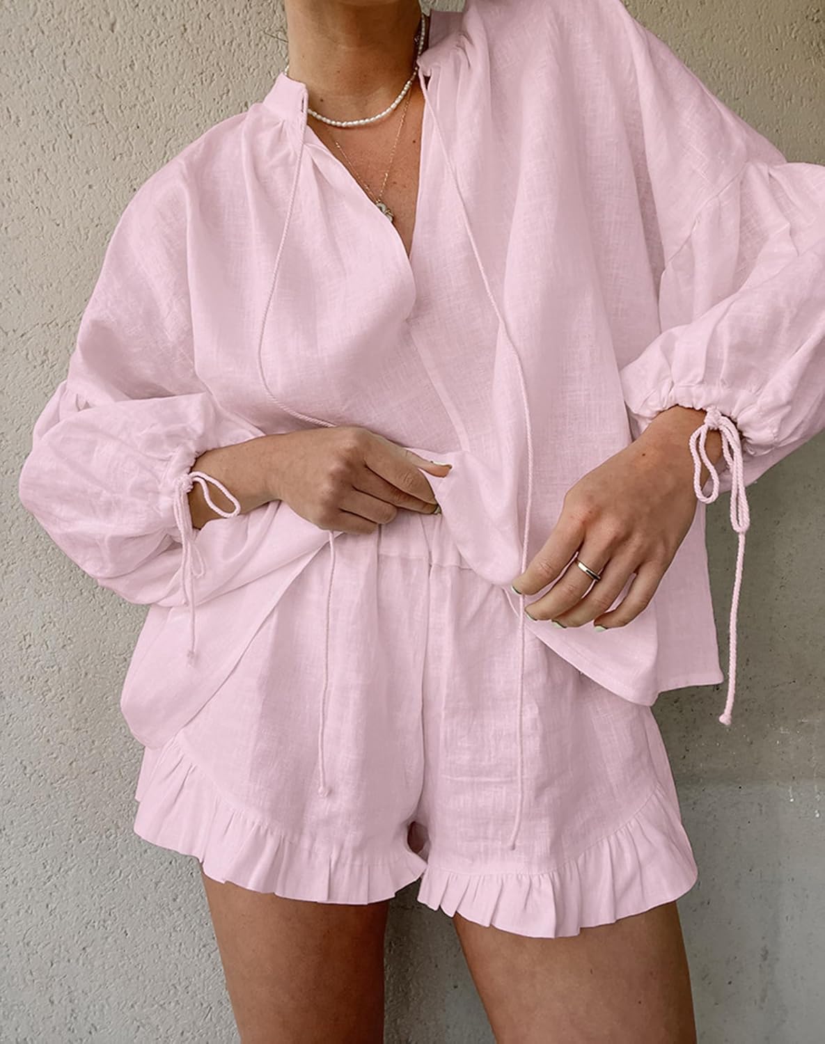 Women's Long Sleeve V Neck Tie Front Tops and Ruffled Boxer Shorts Lounge Sets