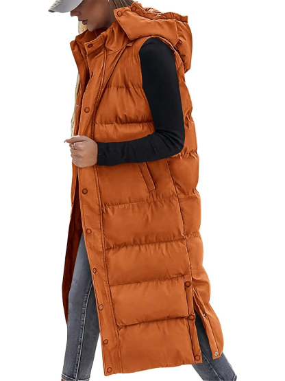 Women's Hooded Button Zipper Long Puffer Vest Jacket Coat