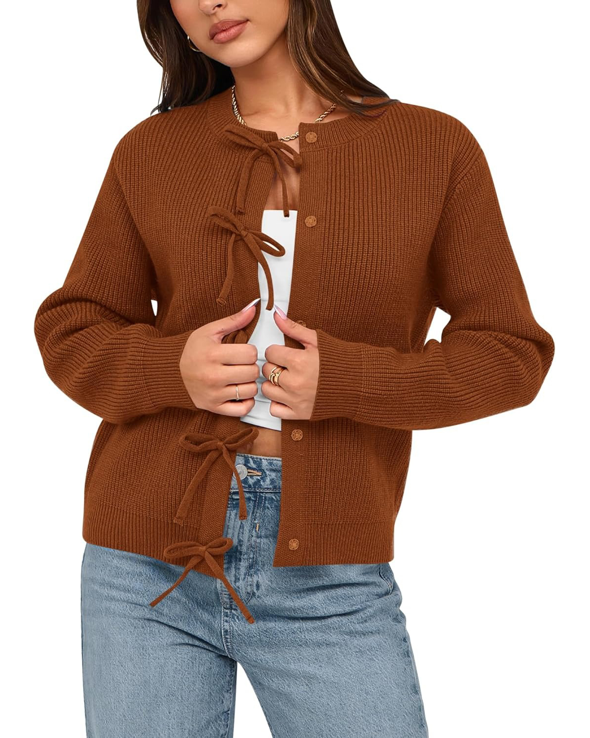 Women's Trendy Long Sleeve Ribbed Bow Button Cardigan Sweater