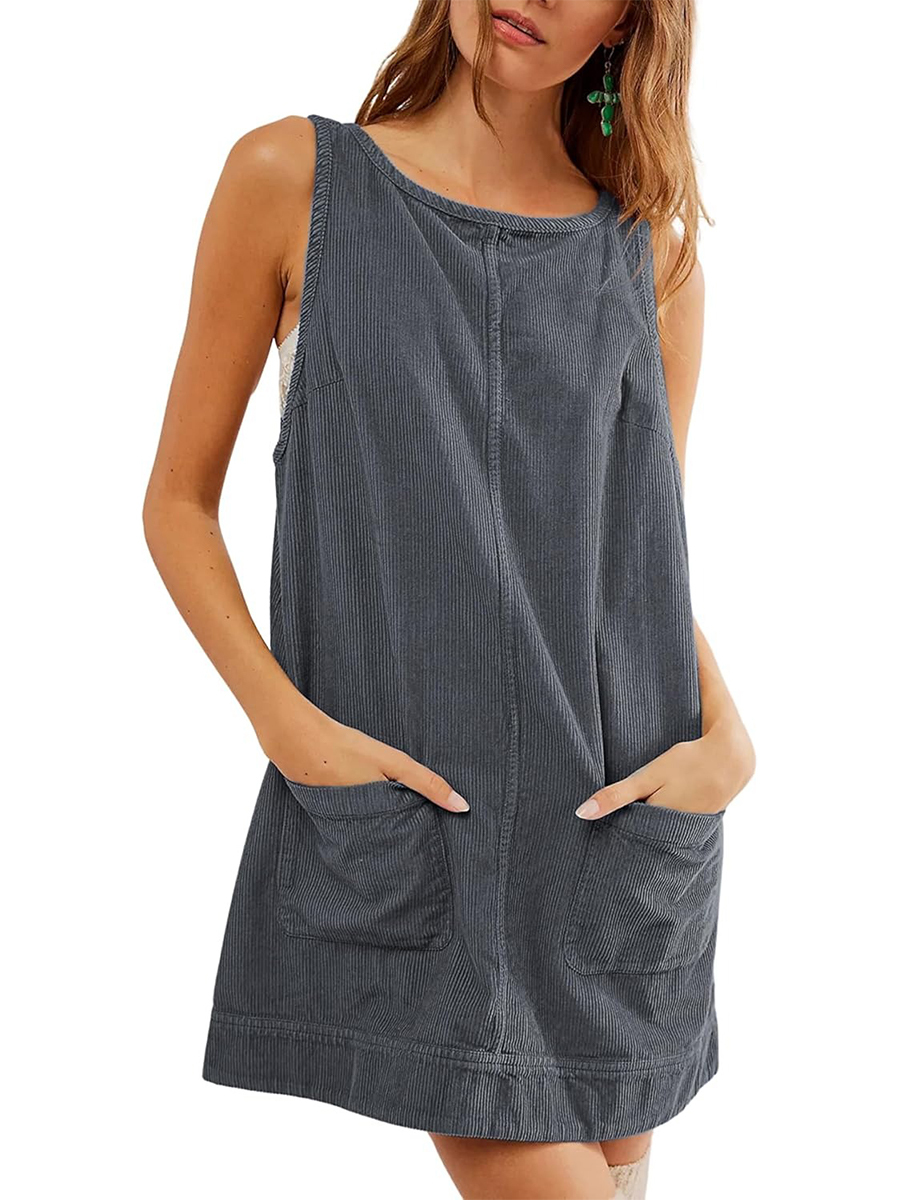 Women's Corduroy Round Neck A Line Overall Dress with Pockets