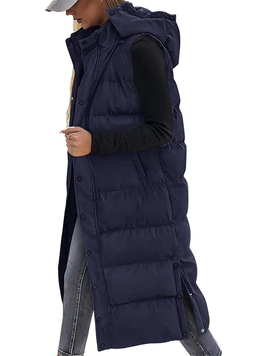 Women's Hooded Button Zipper Long Puffer Vest Jacket Coat