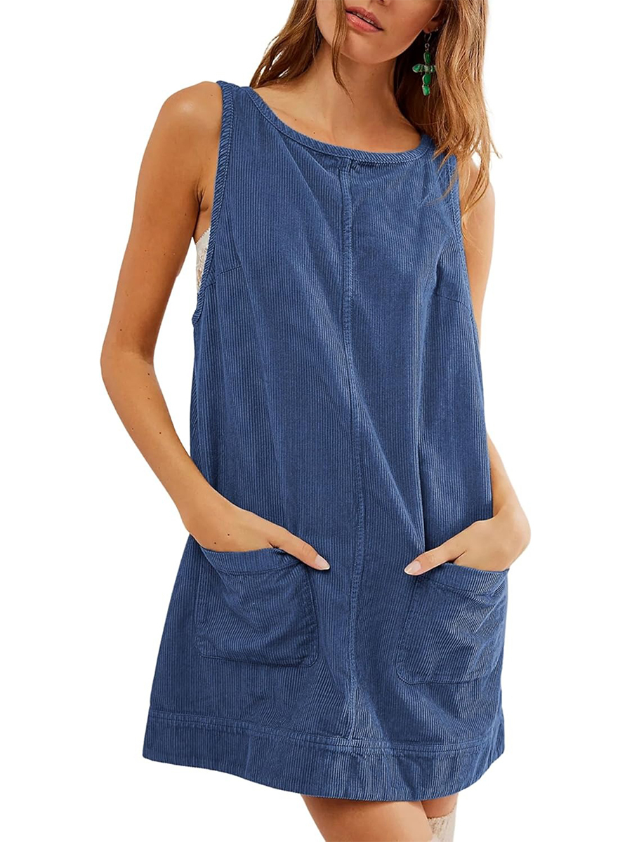 Women's Corduroy Round Neck A Line Overall Dress with Pockets
