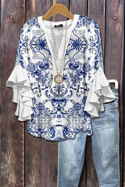 Women's Mixed Floral Print Ruffle Bell Sleeve Top(BUY 2 FREE SHIPPING)