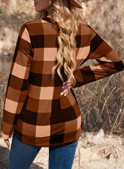 2024 New Women's V Neck Plaid Print Cuffed Long Sleeve Shirt(buy 2 10% OFF)