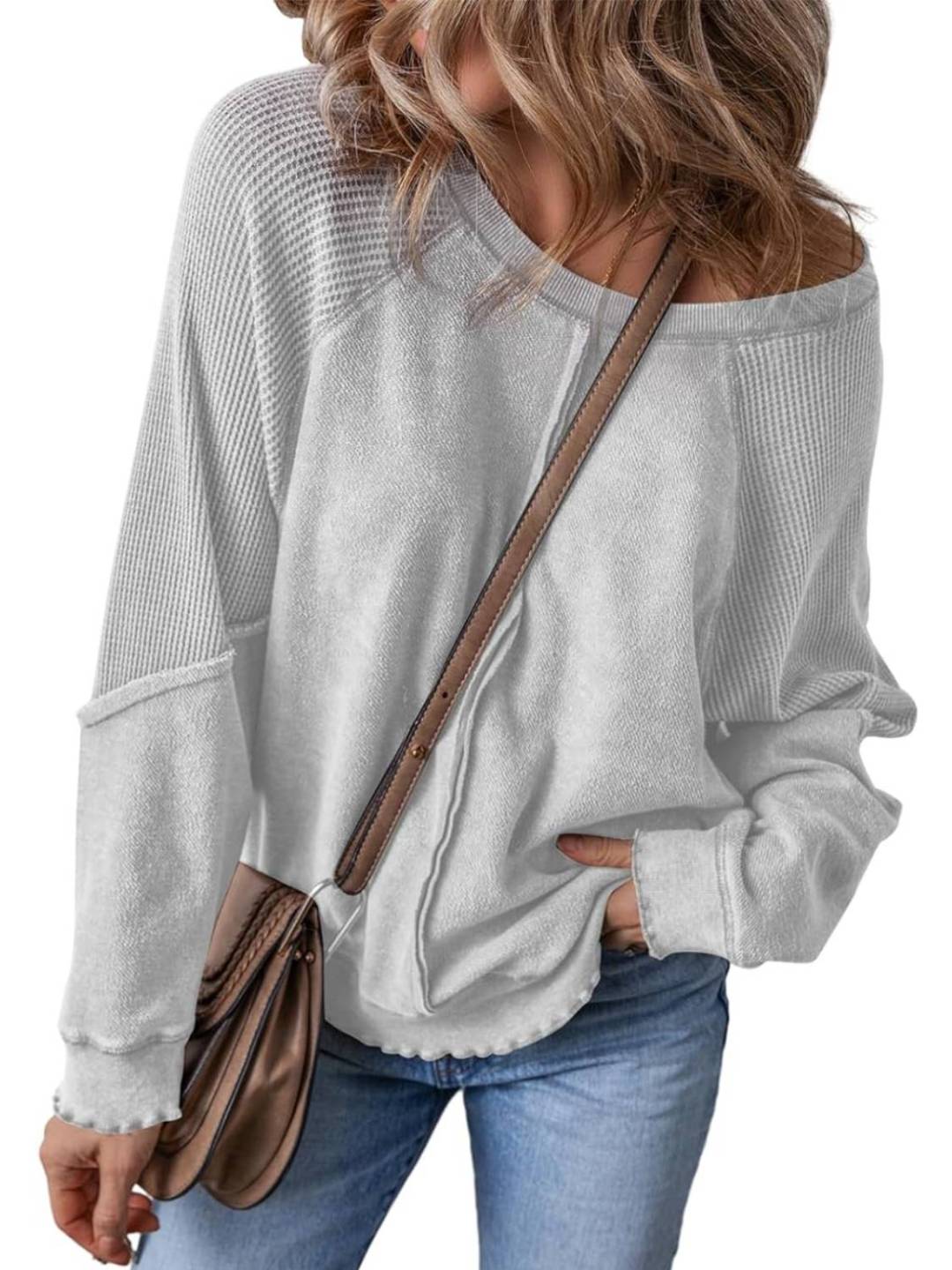 Womens Crewneck Long Sleeve Waffle Knit Sweatshirt(Buy 2 Free Shipping)