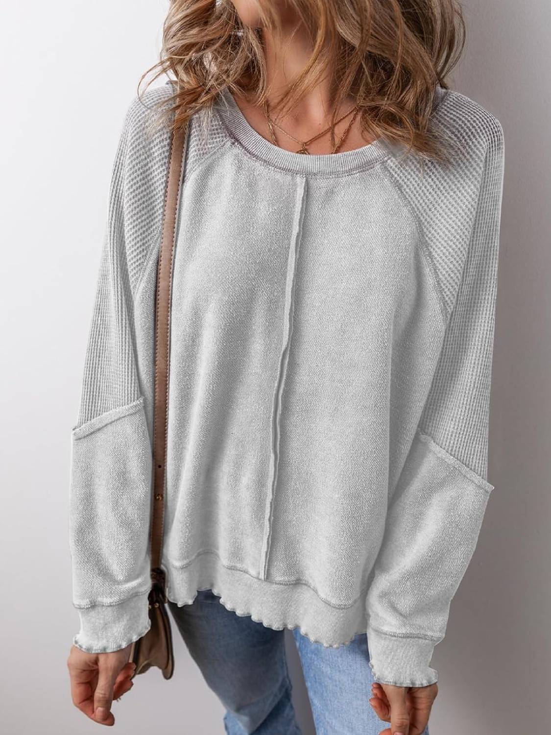 Womens Crewneck Long Sleeve Waffle Knit Sweatshirt(Buy 2 Free Shipping)