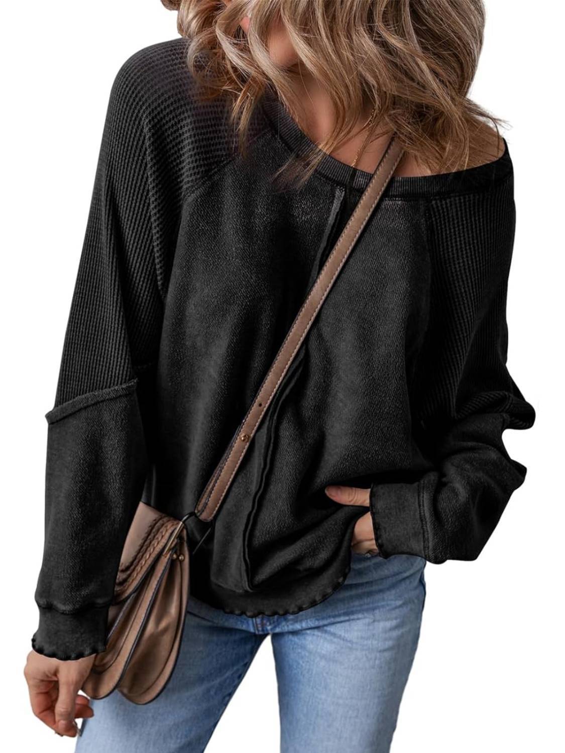 Womens Crewneck Long Sleeve Waffle Knit Sweatshirt(Buy 2 Free Shipping)