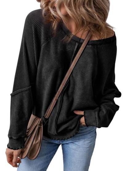 Womens Crewneck Long Sleeve Waffle Knit Sweatshirt(Buy 2 Free Shipping)