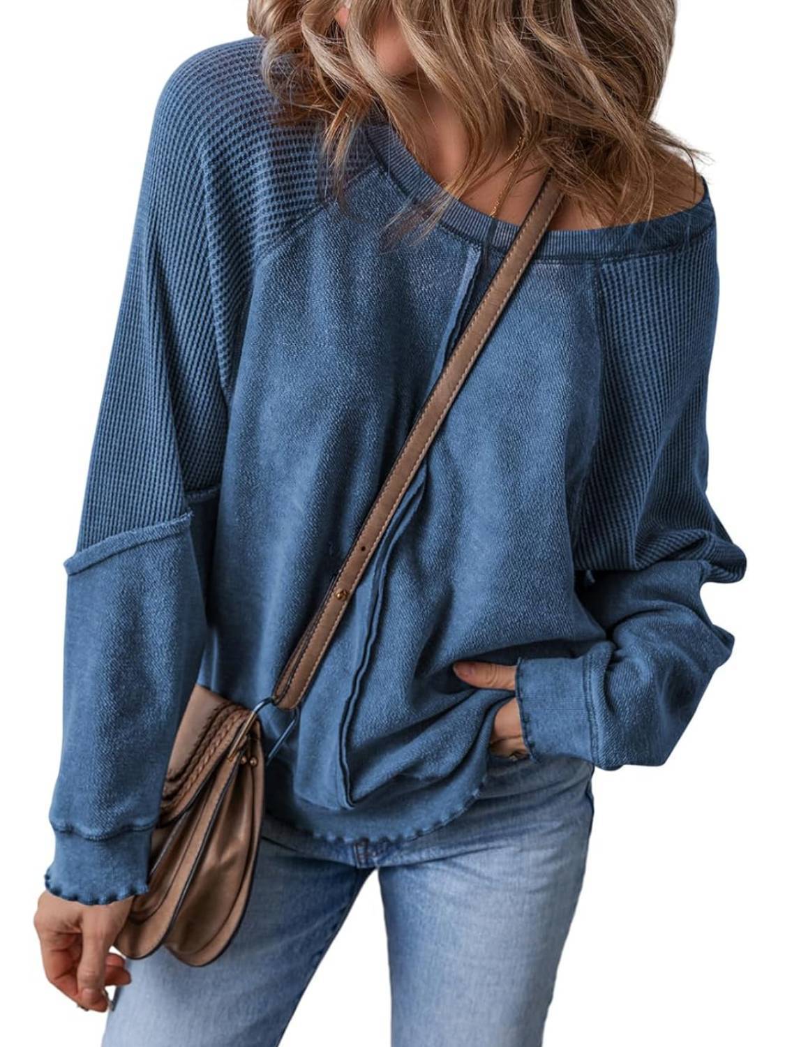 Womens Crewneck Long Sleeve Waffle Knit Sweatshirt(Buy 2 Free Shipping)