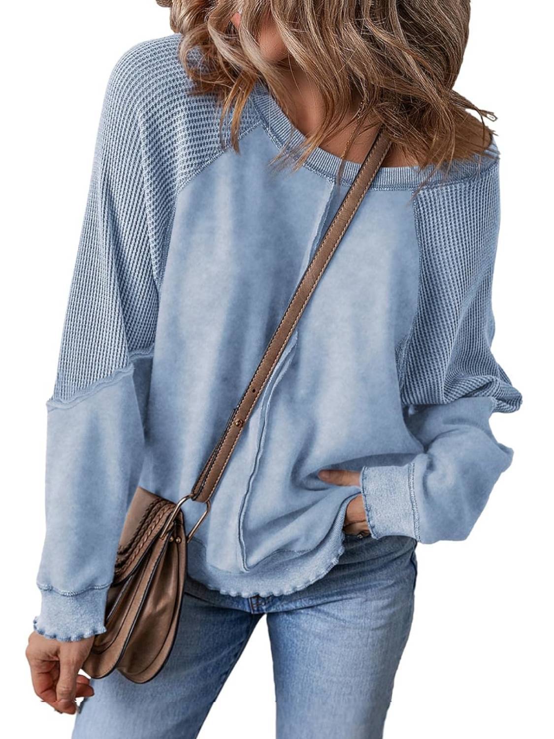 Womens Crewneck Long Sleeve Waffle Knit Sweatshirt(Buy 2 Free Shipping)