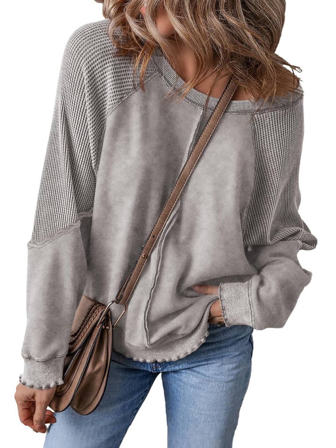 Womens Crewneck Long Sleeve Waffle Knit Sweatshirt(Buy 2 Free Shipping)