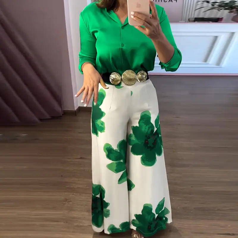 CHICME 2 Pieces Outfit Long Sleeve Satin Blouse and Casual Floral Print High Waist Wide Leg Pants Set（Without Belt）BUY 2 FREE SHIPPING