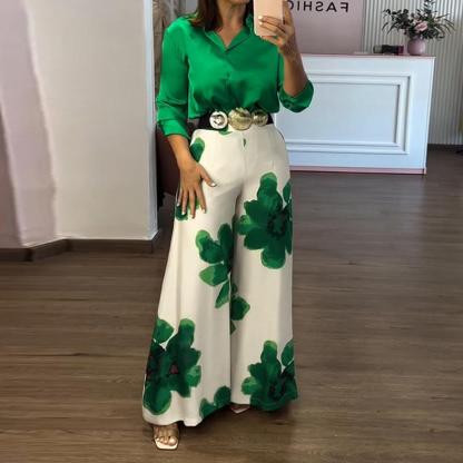 CHICME 2 Pieces Outfit Long Sleeve Satin Blouse and Casual Floral Print High Waist Wide Leg Pants Set（Without Belt）BUY 2 FREE SHIPPING