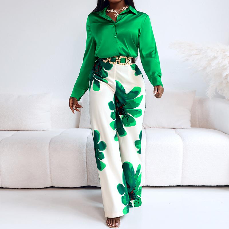 CHICME 2 Pieces Outfit Long Sleeve Satin Blouse and Casual Floral Print High Waist Wide Leg Pants Set（Without Belt）BUY 2 FREE SHIPPING
