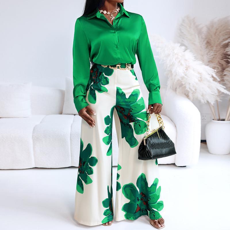 CHICME 2 Pieces Outfit Long Sleeve Satin Blouse and Casual Floral Print High Waist Wide Leg Pants Set（Without Belt）BUY 2 FREE SHIPPING
