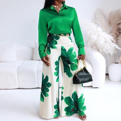 CHICME 2 Pieces Outfit Long Sleeve Satin Blouse and Casual Floral Print High Waist Wide Leg Pants Set（Without Belt）BUY 2 FREE SHIPPING