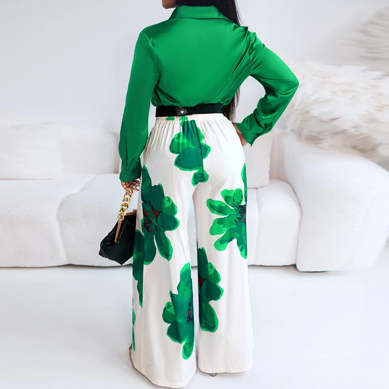 CHICME 2 Pieces Outfit Long Sleeve Satin Blouse and Casual Floral Print High Waist Wide Leg Pants Set（Without Belt）BUY 2 FREE SHIPPING