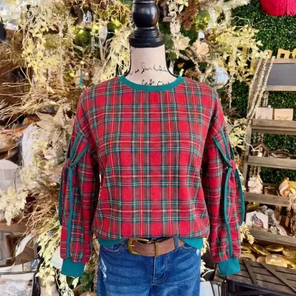 Bow Decor Plaid Smart Round Neck Sweatshirt(BUY 2 FREE SHIPPING)