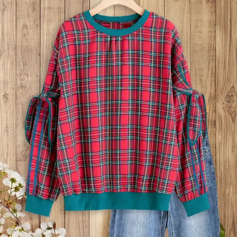 Bow Decor Plaid Smart Round Neck Sweatshirt(BUY 2 FREE SHIPPING)