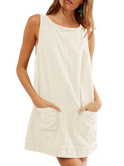 Women's Corduroy Round Neck A Line Overall Dress with Pockets