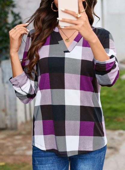 2024 New Women's V Neck Plaid Print Cuffed Long Sleeve Shirt(buy 2 10% OFF)