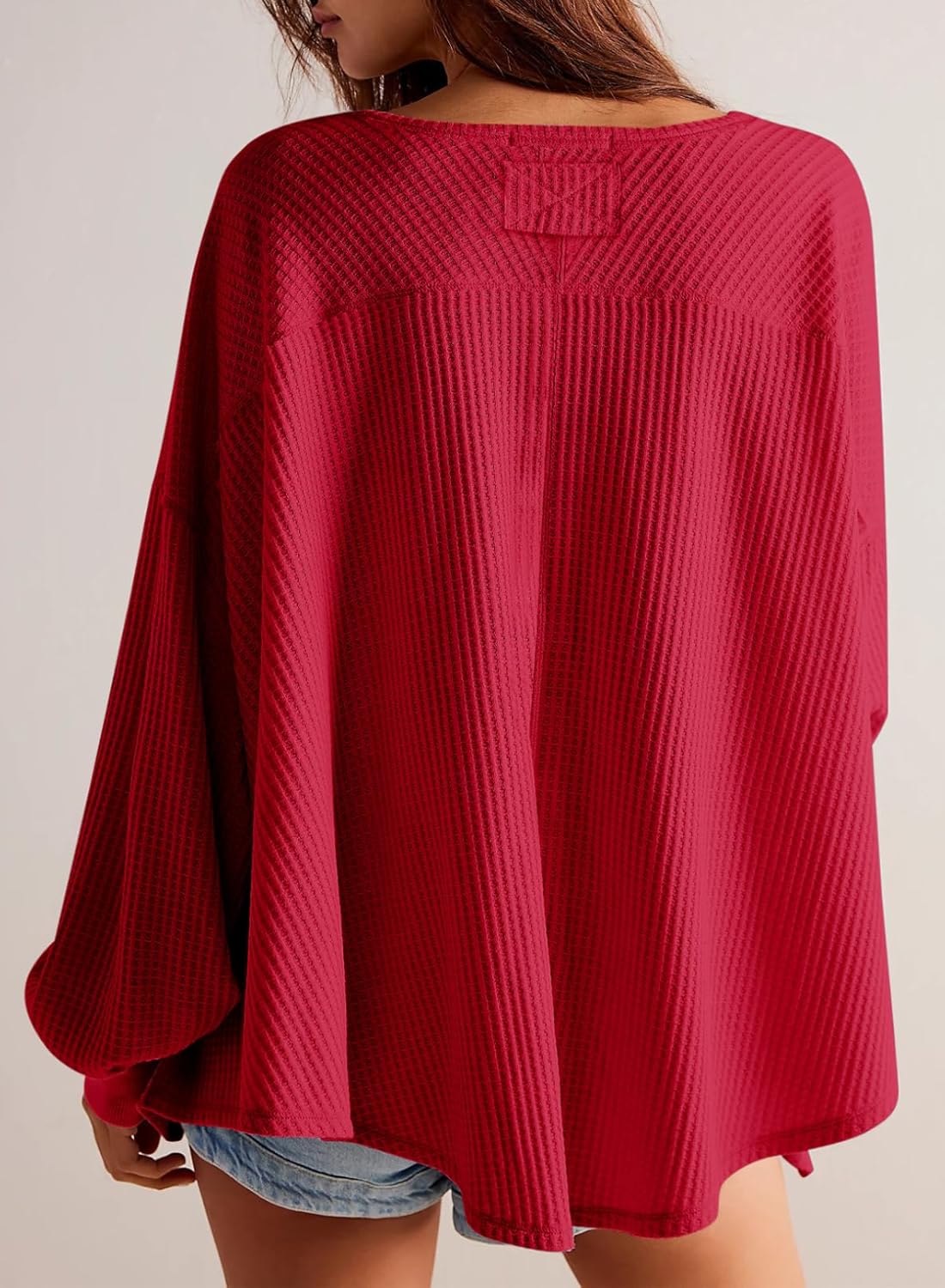 Waffle Knit Tops  Long Lantern Sleeve Casual Blouses