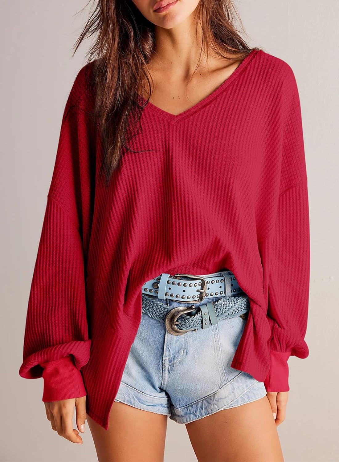 Waffle Knit Tops  Long Lantern Sleeve Casual Blouses