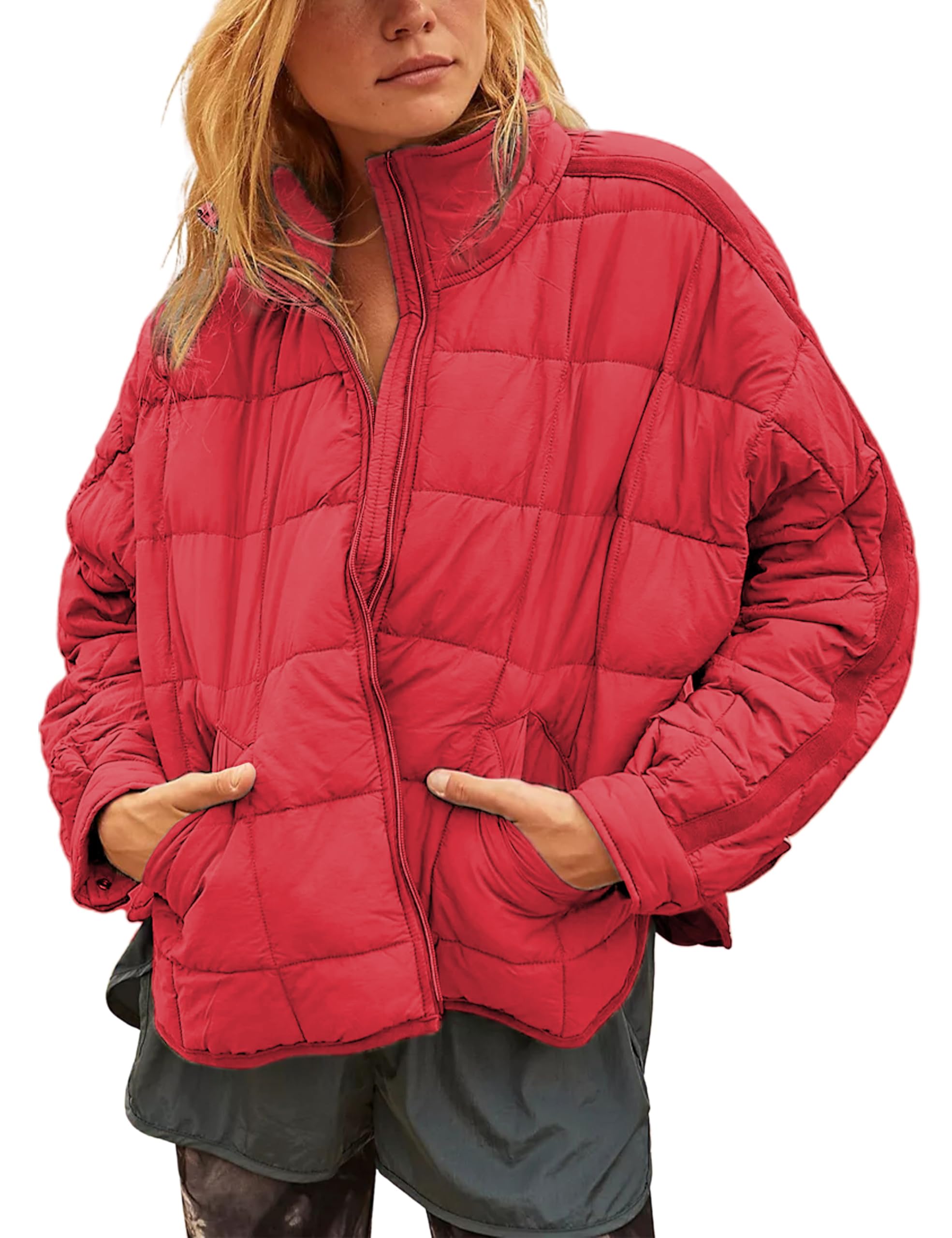 Women's Oversized Splice Quilted Lightweight Puffer Jacket Casual Padded Coat With Pockets