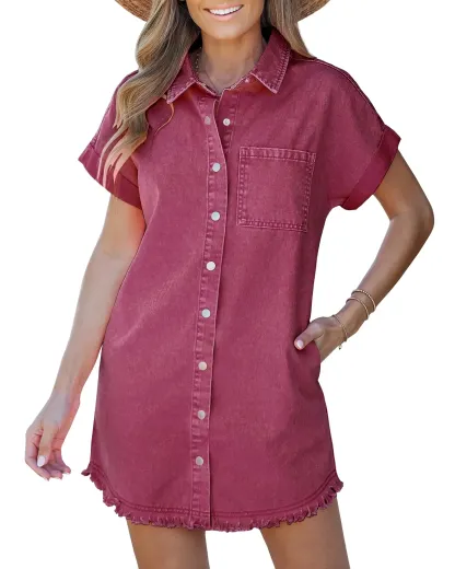 Women's Button Down Frayed Hem Denim Shirt Dresses