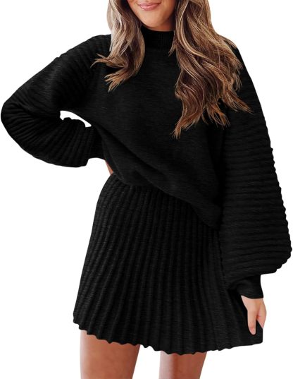 Women's Mock Neck Ribbed Sweaters and Mini Skirt Two Piece Sets