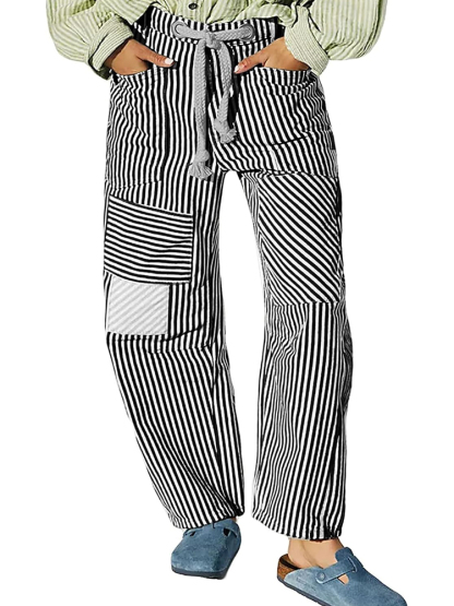 Women's Striped Drawstring Wide Leg Mom Denim Pants with Pockets