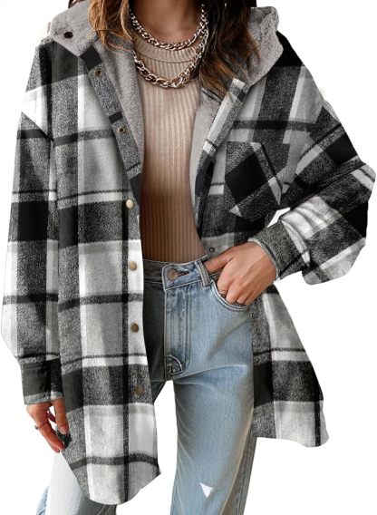 Women's Flannel Fuzzy Fleece Button down Hooded Plaid Shacket Jacket (Buy 2 Free Shipping)