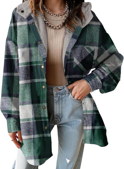 Women's Flannel Fuzzy Fleece Button down Hooded Plaid Shacket Jacket (Buy 2 Free Shipping)