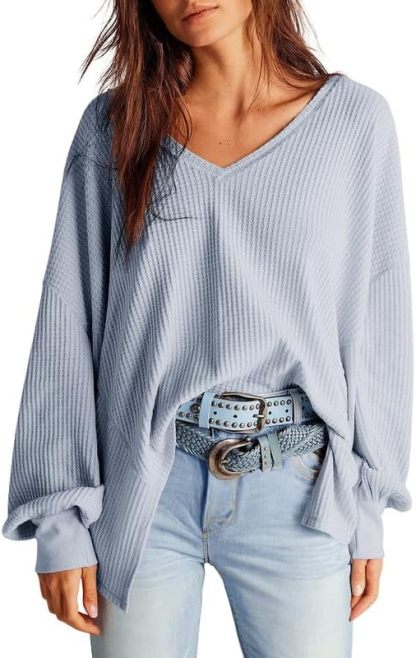 Waffle Knit Tops  Long Lantern Sleeve Casual Blouses
