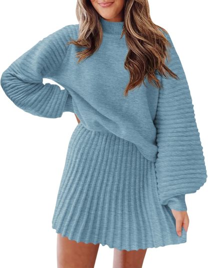 Women's Mock Neck Ribbed Sweaters and Mini Skirt Two Piece Sets