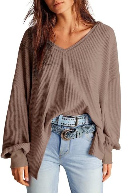 Waffle Knit Tops  Long Lantern Sleeve Casual Blouses
