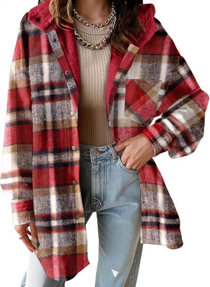 Women's Flannel Fuzzy Fleece Button down Hooded Plaid Shacket Jacket (Buy 2 Free Shipping)